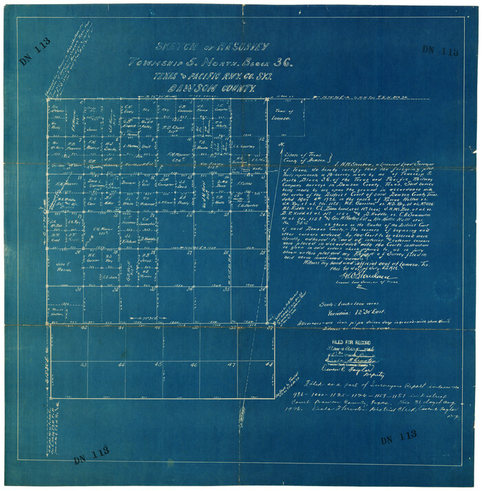 92572, Sketch of Resurvey, Township 5 North. Block 36. Texas and Pacific Railroad Company, Dawson County, Twichell Survey Records