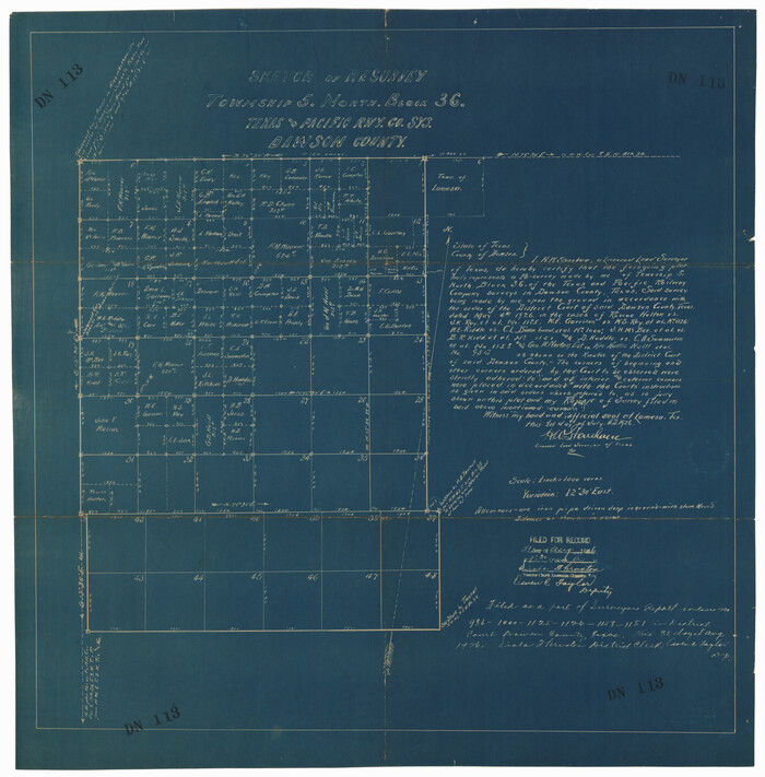 92572, Sketch of Resurvey, Township 5 North. Block 36. Texas and Pacific Railroad Company, Dawson County, Twichell Survey Records