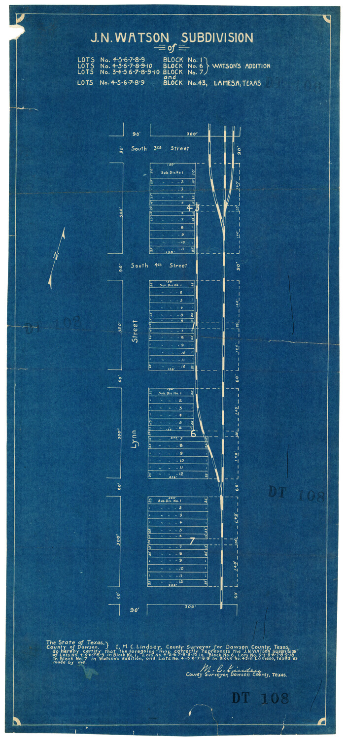 92574, J. N. Watson Subdivision of Blocks 1, 6, 7, and 43, Lamesa, Texas, Twichell Survey Records