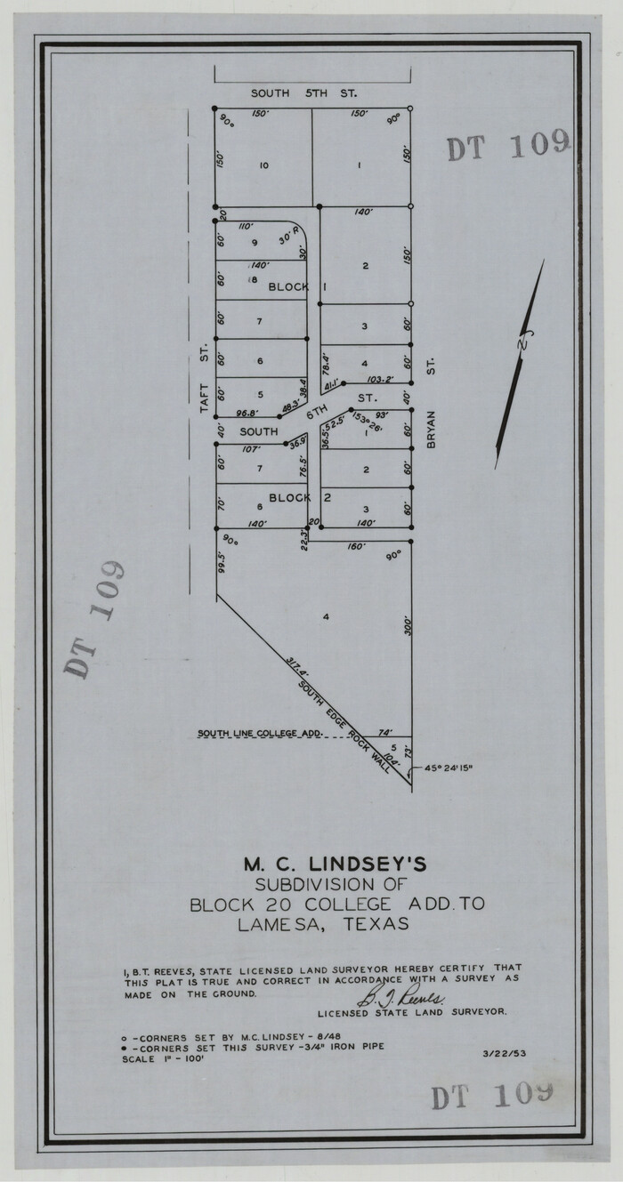 92589, M. C. Lindsey's Subdivision of Block 20 College Addition to Lamesa, Texas, Twichell Survey Records