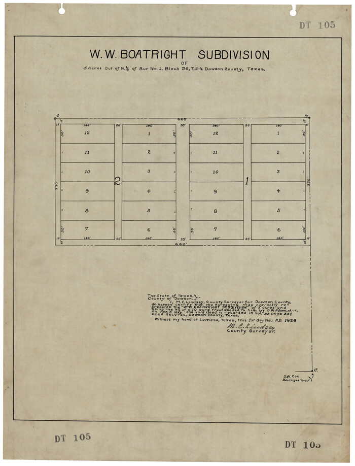 92590, W. W. Boatright Subdivision of 5 Acres out of North Half of Survey Number 1, Block Number 36, Township 5 North. Dawson County, Texas, Twichell Survey Records