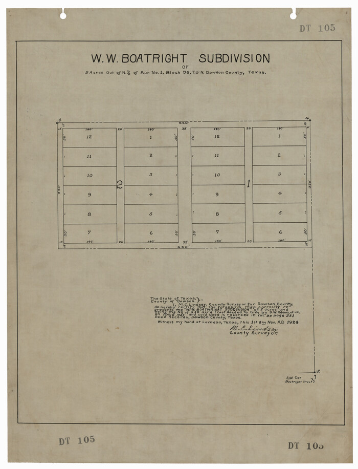 92590, W. W. Boatright Subdivision of 5 Acres out of North Half of Survey Number 1, Block Number 36, Township 5 North. Dawson County, Texas, Twichell Survey Records