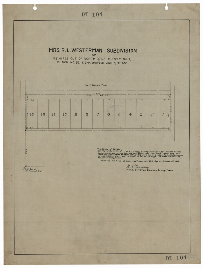92591, Mrs. R. L. Westerman Subdivision of 2 1/2 Acres out of North Half of Survey Number 1, Block Number 36, Township 5 North. Dawson County, Texas, Twichell Survey Records
