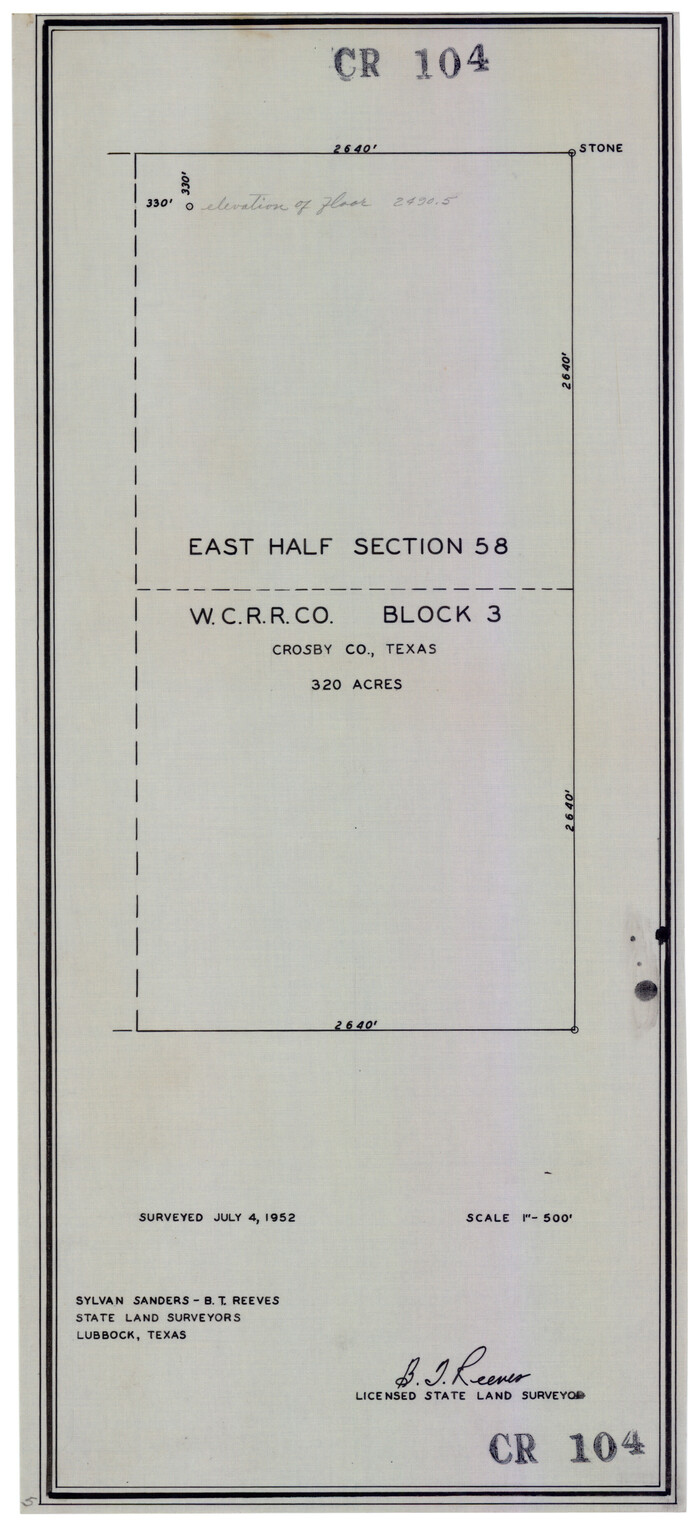 92594, East Half of Section 58. W. C. RR. Co. Block 3, Twichell Survey Records