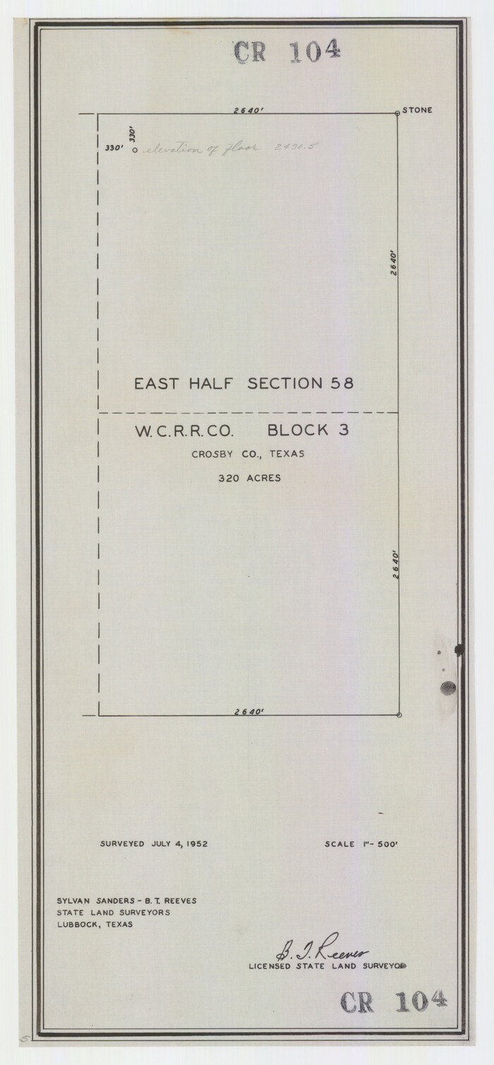 92594, East Half of Section 58. W. C. RR. Co. Block 3, Twichell Survey Records