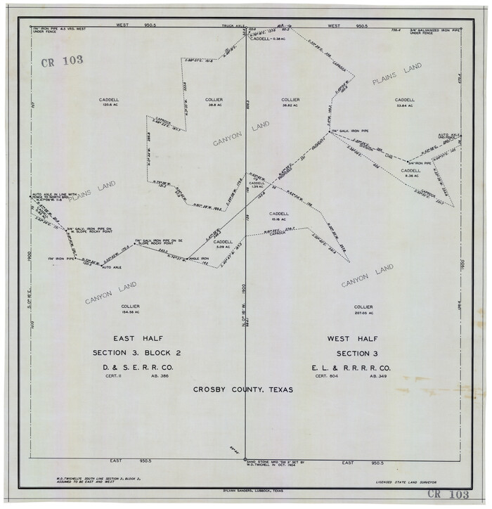 92595, East Half Section 3, Block 2, D. & S. E. RR. Company; West Half Section 3, E. L. & R. R. RR. Company, Twichell Survey Records