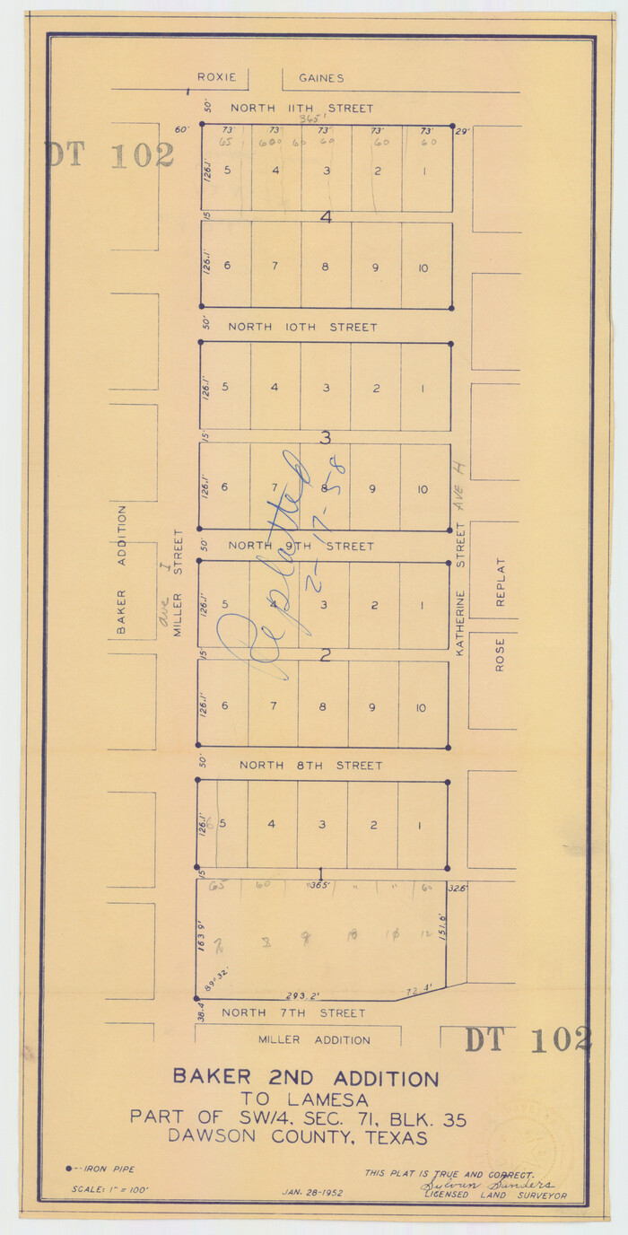 92630, Replat of Baker 2nd Addition to Lamesa, Part of Southwest Quarter, Section 71, Block 35, Dawson County, Texas, Twichell Survey Records