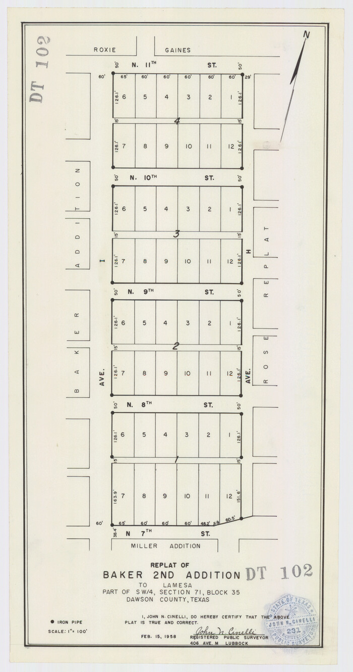 92633, Replat of Baker 2nd Addition to Lamesa, Part of Southwest Quarter, Section 71, Block 35, Dawson County, Texas, Twichell Survey Records