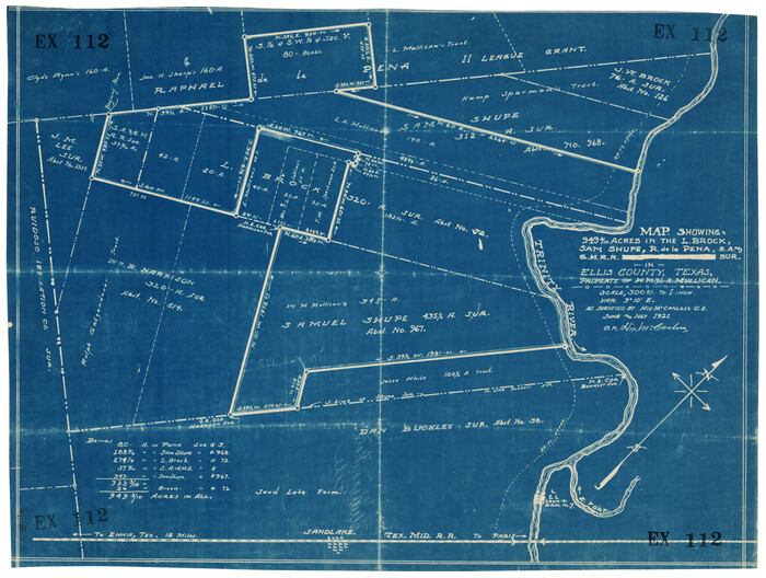 92642, Map Showing 949 3/10 Acres in the L. Brock, Sam Shupe, R. de la Pena, S. A. & G. M. RR. Surveys, Twichell Survey Records