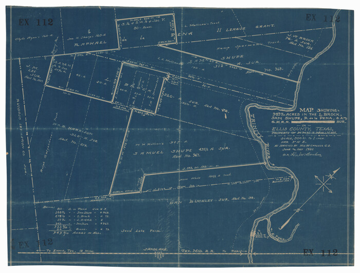 92642, Map Showing 949 3/10 Acres in the L. Brock, Sam Shupe, R. de la Pena, S. A. & G. M. RR. Surveys, Twichell Survey Records