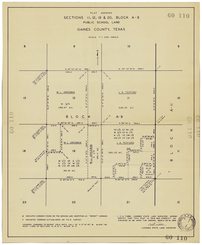 92652, Plat Showing Sections 11, 12, 19, and 20, Block A-9 Public School Land, Gaines County, Texas, Twichell Survey Records