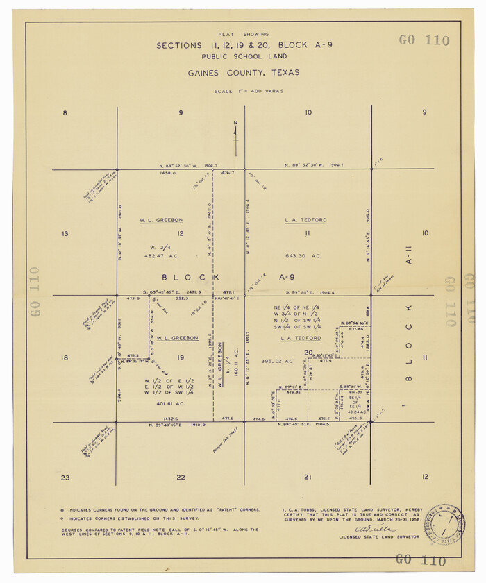 92652, Plat Showing Sections 11, 12, 19, and 20, Block A-9 Public School Land, Gaines County, Texas, Twichell Survey Records
