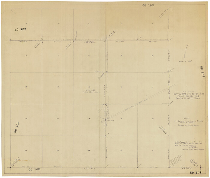 92656, Plat Showing Survey made in Block A-25 Public School Land, Gaines County, Texas, Twichell Survey Records