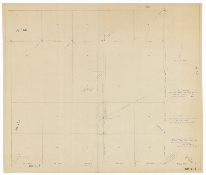 92656, Plat Showing Survey made in Block A-25 Public School Land, Gaines County, Texas, Twichell Survey Records