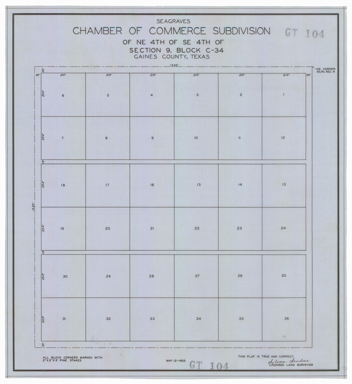 92684, Seagraves Chamber of Commerce Subdivision of Northeast Quarter of Southeast Quarter of Section 9, Block C-34, Gaines County, Texas, Twichell Survey Records