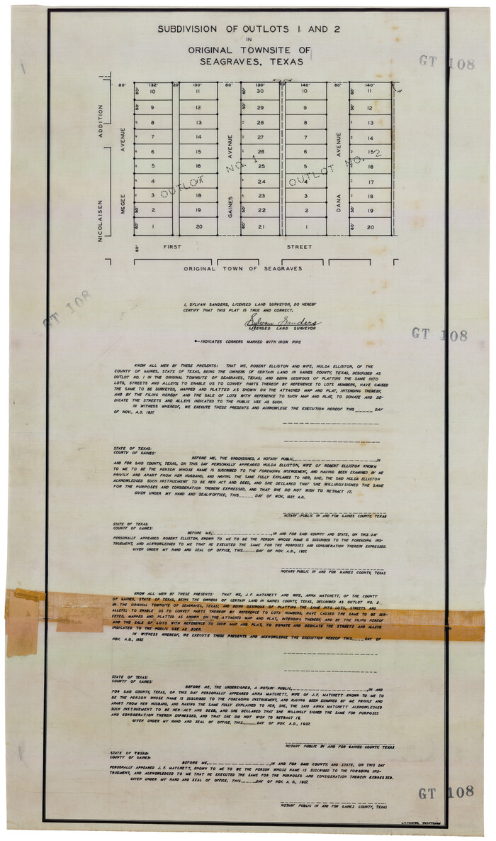 92688, Subdivision of Outlots 1 and 2 in Original Townsite of Seagraves, Texas, Twichell Survey Records