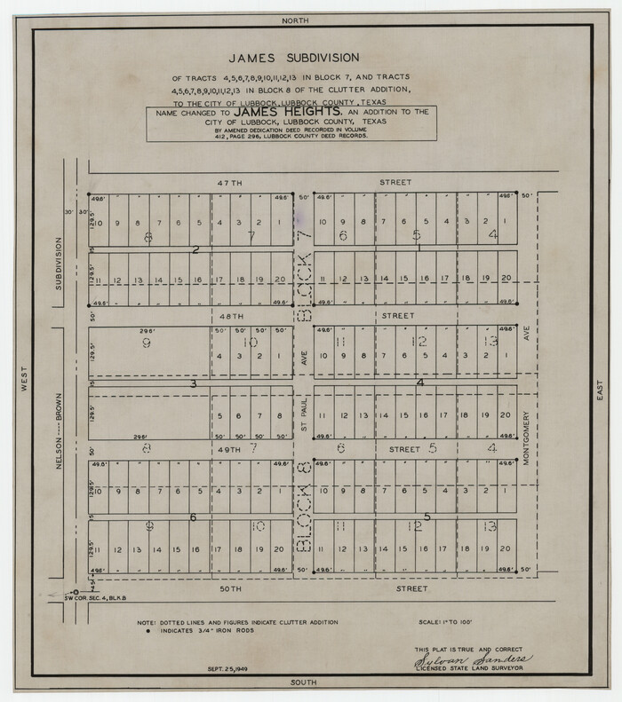 92704, James Heights, an addition to the City of Lubbock - tracts 4, 5, 6, 7, 8, 9, 10, 11, 12, 13 in Block 7, and tracts 4, 5, 6, 7, 8, 9, 10, 11, 12, 13 in Block 8 of the Clutter Addition, Twichell Survey Records