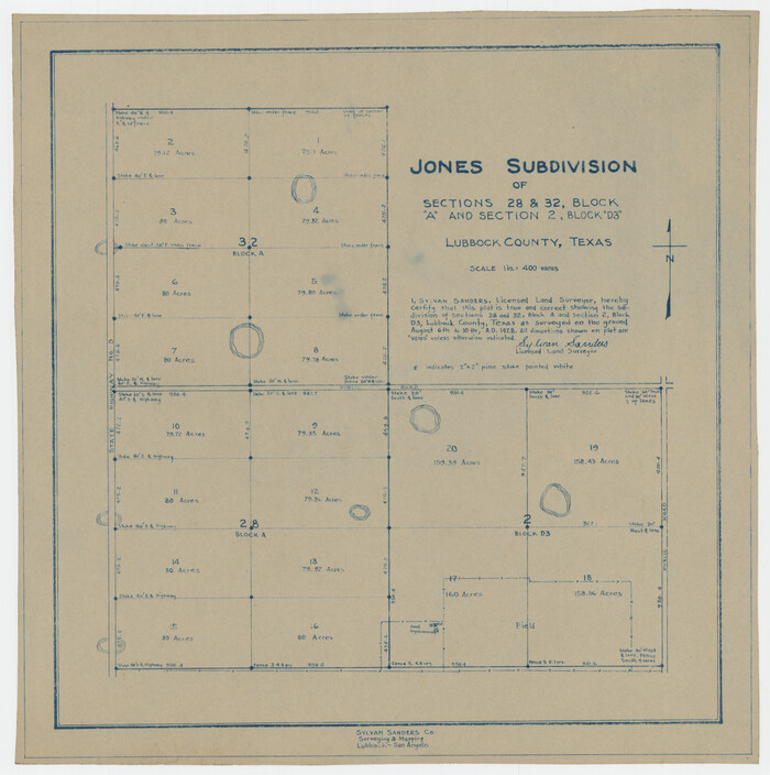 92708, Jones Subdivision of Sections 28 and 32, Block "A' and Section 2, Block "D3", Twichell Survey Records