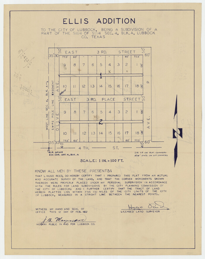 92709, Ellis Addition to the City of Lubbock, Being a Subdivision of a Part of the SW/4 of SW/4 Sec. 4, Blk. A, Twichell Survey Records