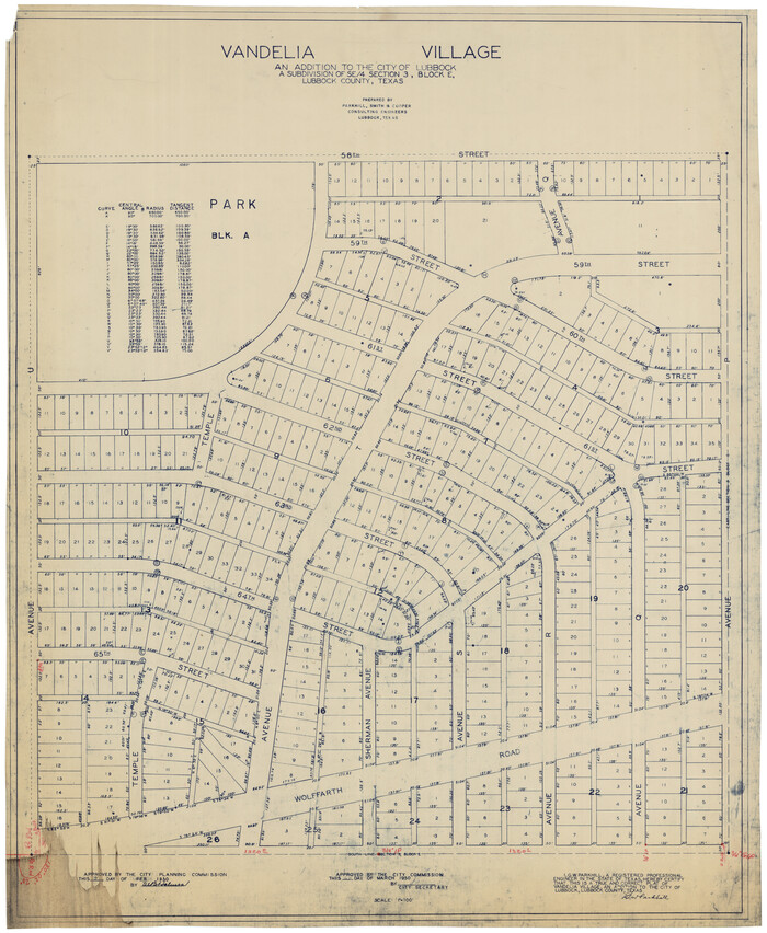 92725, Vandelia Village an Addition to the City of Lubbock, a Subdivision of Southeast Quarter, Section 3, Block E, Twichell Survey Records