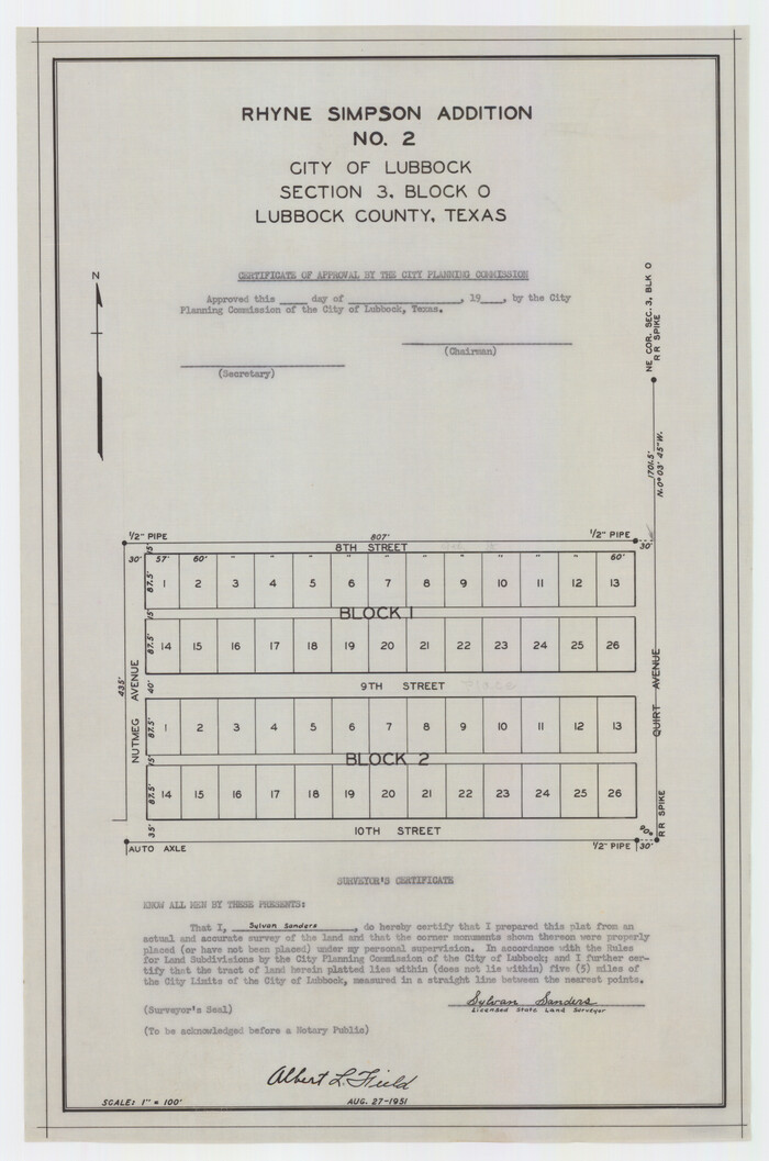 92731, Rhyne Simpson Addition No. 2, City of Lubbock Section 3, Block O, Twichell Survey Records
