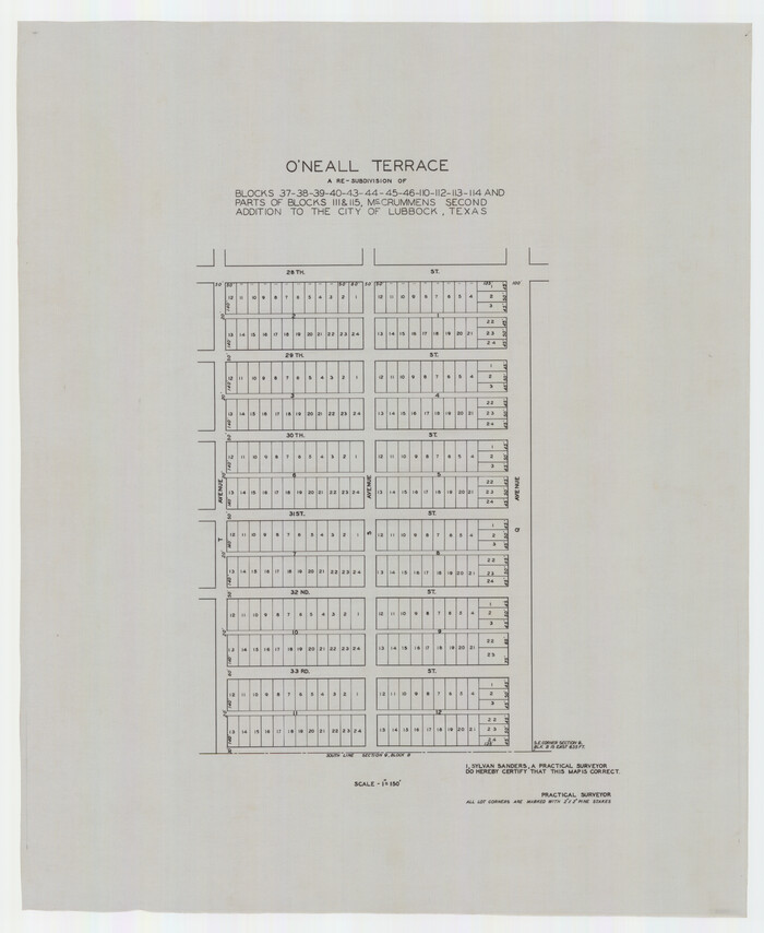 92743, O'Neall Terrace, a Re-Subdivision of Blocks 37-38-39-40-43-44-45-46-110-112-113-114 and Parts of Blocks 111 and 115, McCrummens Second Addition to the City of Lubbock, Texas, Twichell Survey Records