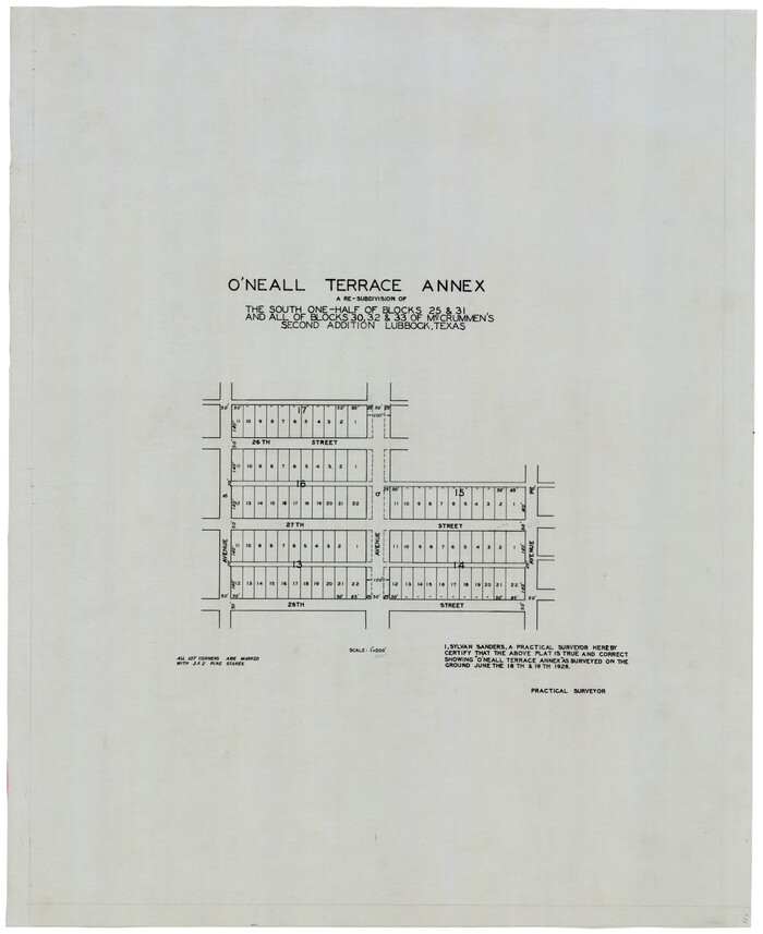 92747, O'Neall Terrace Annex, a Re-Subdivision of the South One-half of Blocks 25 and 31 and all of Blocks 30, 32, and 33 of McCrummen's Second Addition, Lubbock, Texas, Twichell Survey Records