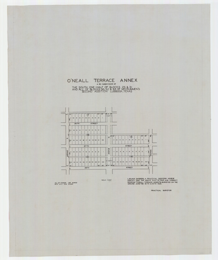 92747, O'Neall Terrace Annex, a Re-Subdivision of the South One-half of Blocks 25 and 31 and all of Blocks 30, 32, and 33 of McCrummen's Second Addition, Lubbock, Texas, Twichell Survey Records