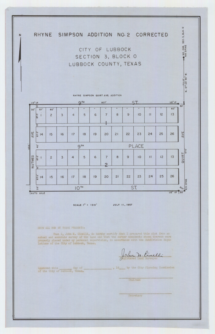 92752, Rhyne Simpson Addition No. 2, City of Lubbock Section 3, Block O, Twichell Survey Records