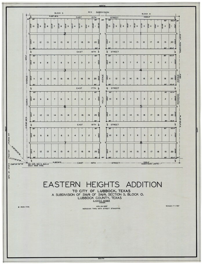 92783, Eastern Heights Addition to City of Lubbock, Texas a Subdivision of SW/4 of SW/4, Section 5, Block O, E. Hayes Sieber, Owner, Twichell Survey Records