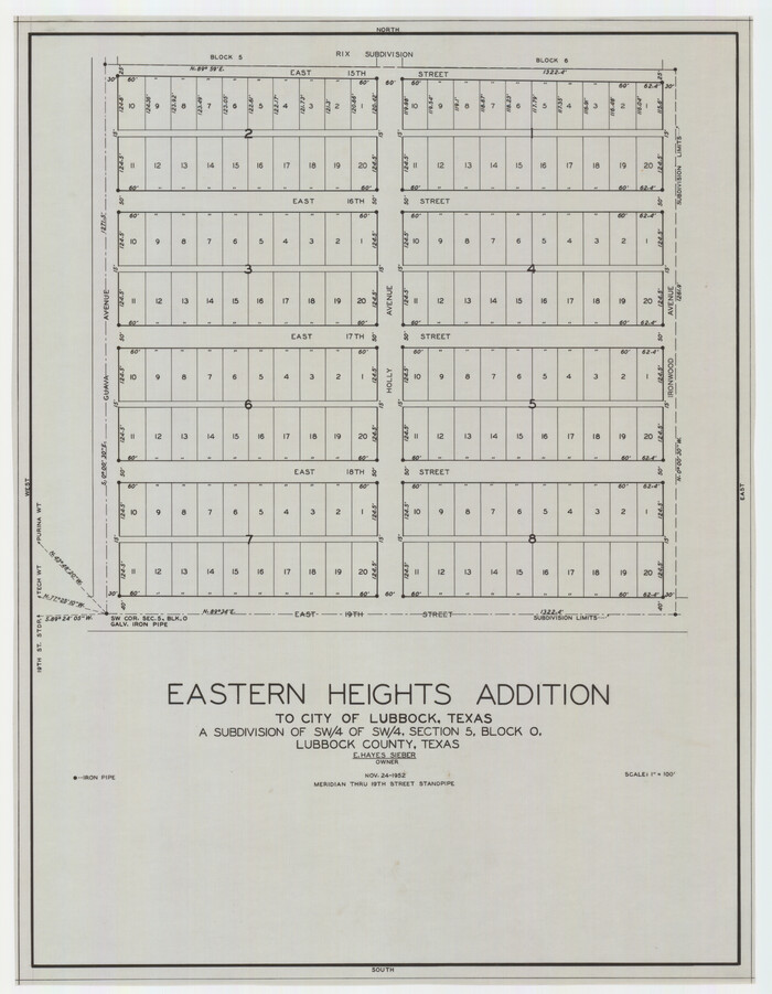 92783, Eastern Heights Addition to City of Lubbock, Texas a Subdivision of SW/4 of SW/4, Section 5, Block O, E. Hayes Sieber,  Owner, Twichell Survey Records