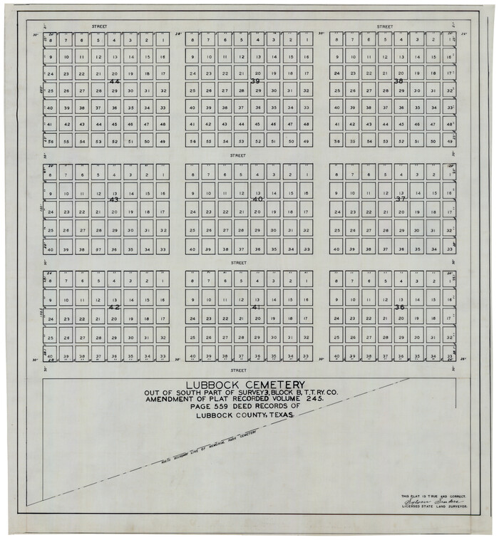 92794, Lubbock Cemetery out of South Part of Survey 3, Block B, T.T. Ry. Co. Amendment of Plat Recorded, Twichell Survey Records