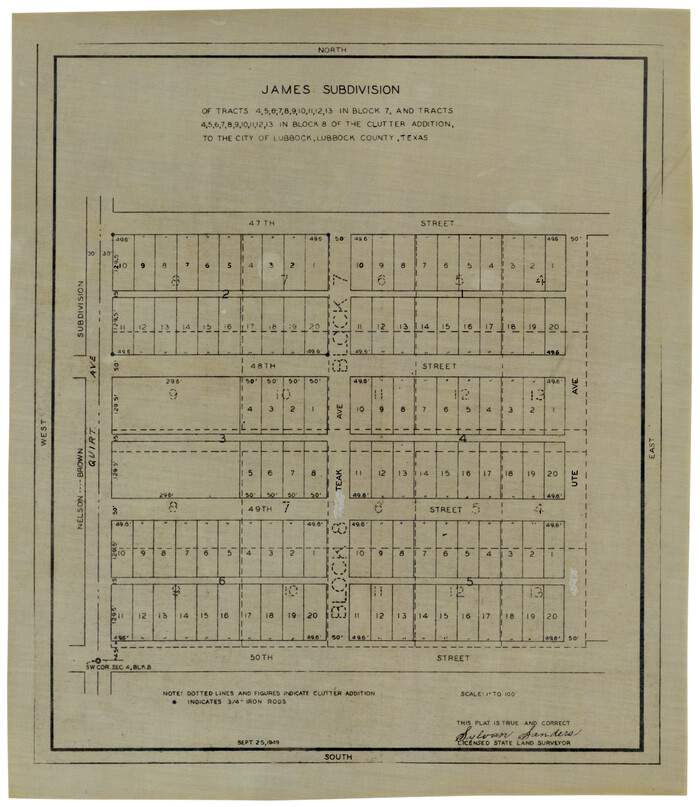 92796, James Subdivision of Tracts 4, 5, 6, 7, 8, 9, 10, 11, 12, 13 in Block 7 and Tracts 4, 5, 6, 7, 8, 9, 10, 11, 12, 13 in Block 8 of the Clutter Addition to the City of Lubbock, Twichell Survey Records