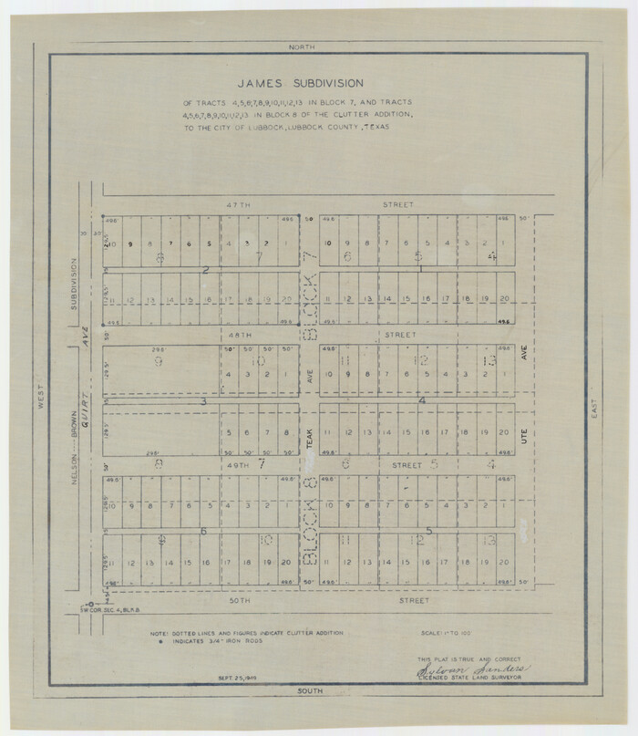 92796, James Subdivision of Tracts 4, 5, 6, 7, 8, 9, 10, 11, 12, 13 in Block 7 and Tracts 4, 5, 6, 7, 8, 9, 10, 11, 12, 13 in Block 8 of the Clutter Addition to the City of Lubbock, Twichell Survey Records
