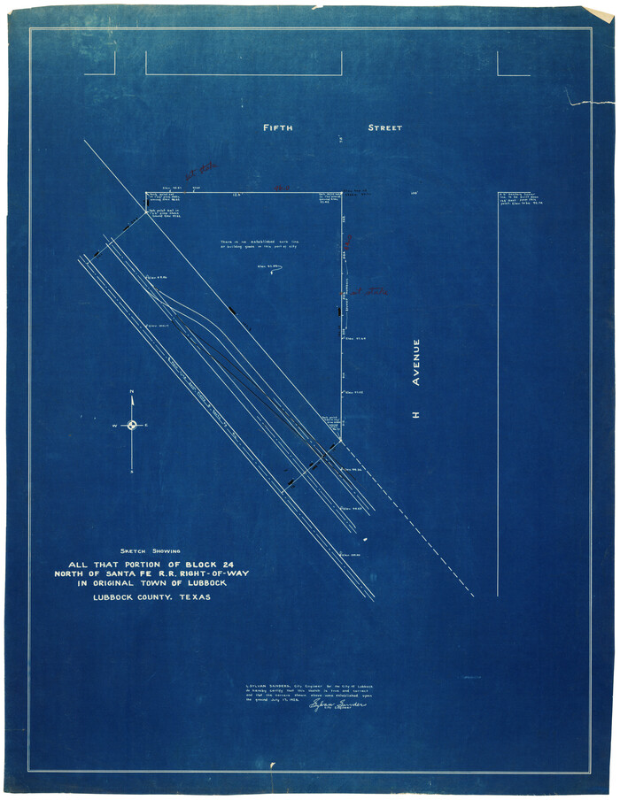 92809, Sketch Showing all that Portion of Block 24 North of Santa Fe R. R. Right-of-Way in Original Town of Lubbock, Twichell Survey Records