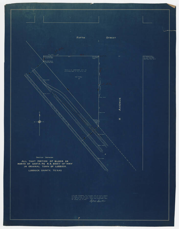 92809, Sketch Showing all that Portion of Block 24 North of Santa Fe R. R. Right-of-Way in Original Town of Lubbock, Twichell Survey Records