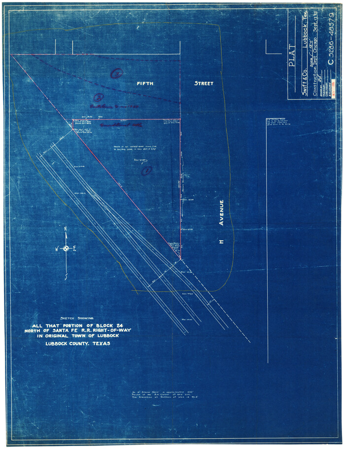 92810, Sketch Showing all that Portion of Block 24 North of Santa Fe R. R. Right-of-Way in Original Town of Lubbock, Twichell Survey Records