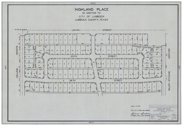 92843, Highland Place an Addition to City of Lubbock - Plat of Lots and Street, Twichell Survey Records