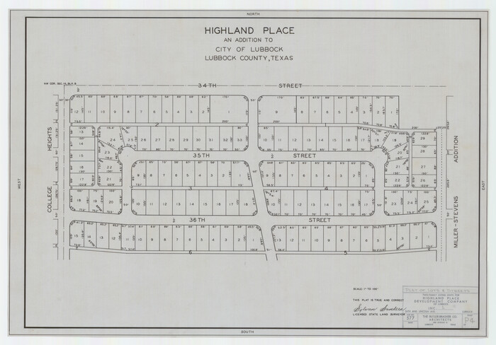 92843, Highland Place an Addition to City of Lubbock - Plat of Lots and Street, Twichell Survey Records