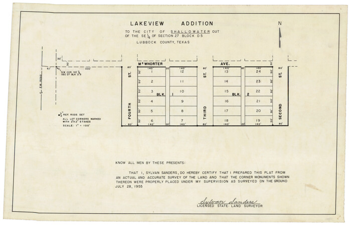 92870, Lakeview Addition to the City of Shallowater out of the Southeast 1/4 of Section 27, Block D5, Twichell Survey Records