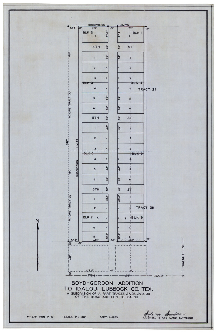 92873, Boyd-Gordon Addition to Idalou, a Subdivision of a Part Tracts 27, 28, 29 and 30 of the Ross Addition to Idalou, Twichell Survey Records