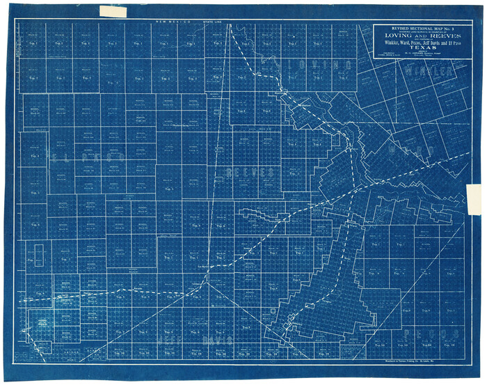 92902, Revised Sectional Map No. 3 Showing Land Surveys in Counties of Loving and Reeves and Portions of Winkler, Ward, Pecos, Jeff Davis and El Paso, Twichell Survey Records