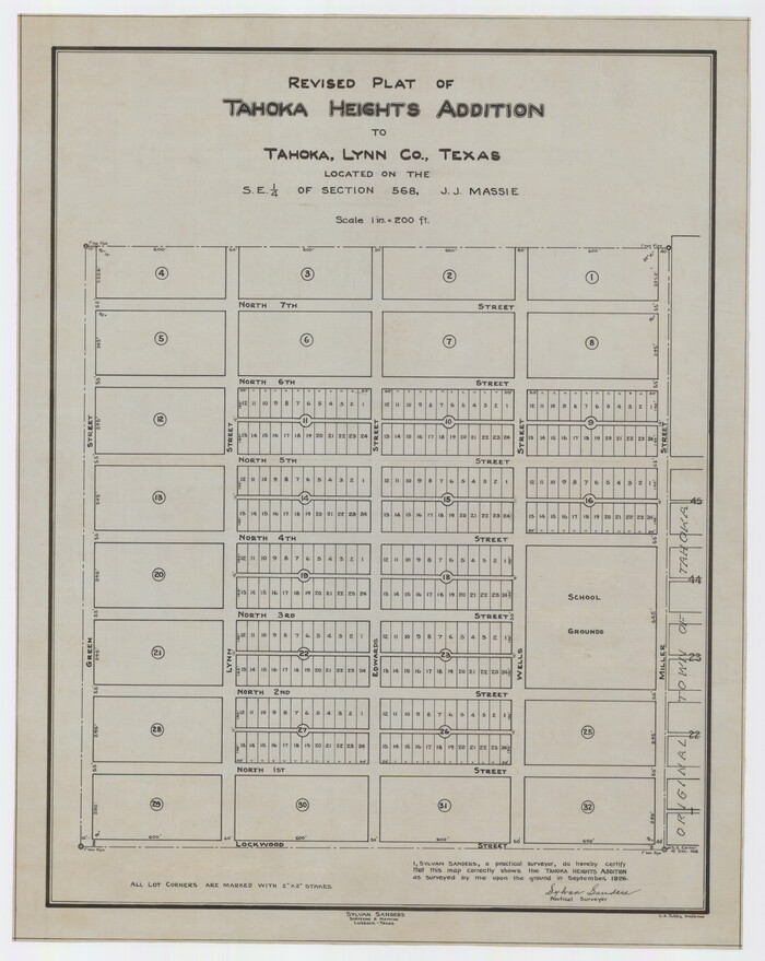 92942, Revised Plat of Tahoka Heights Addition Located on the SE 1/4 of Section 568, Twichell Survey Records