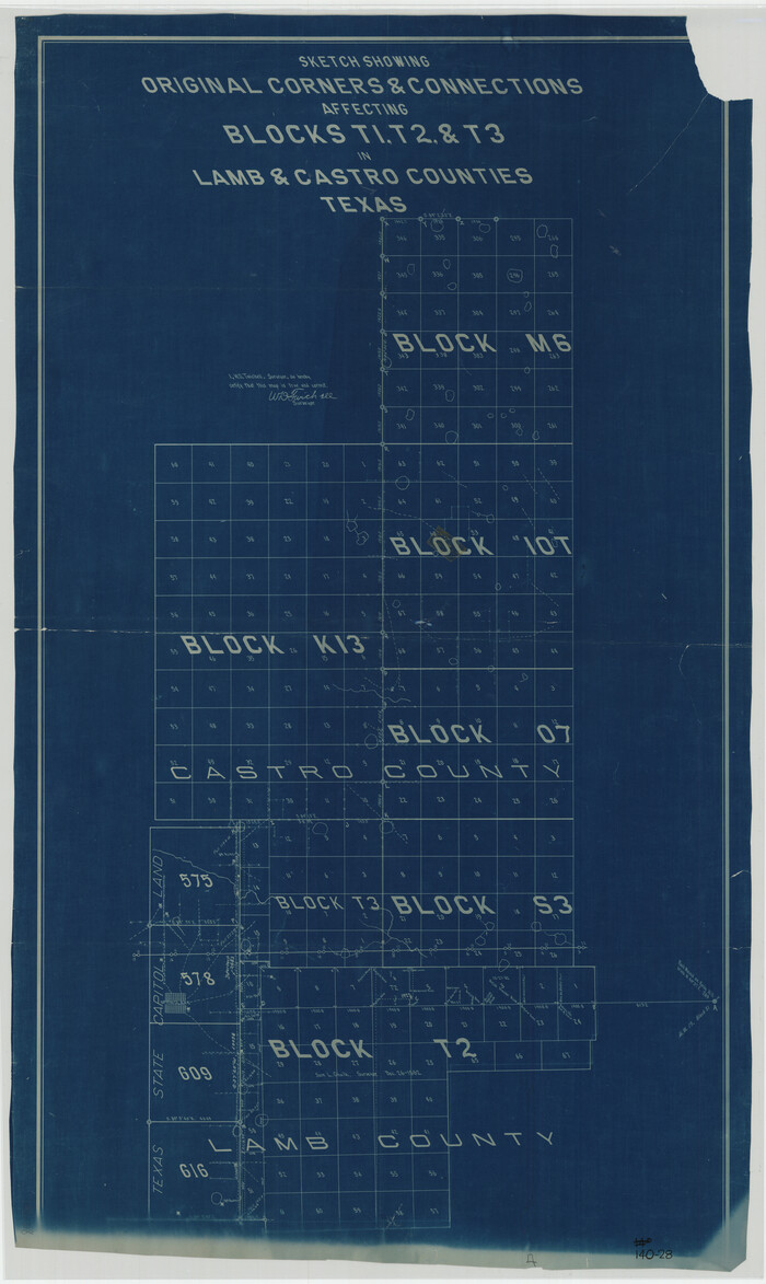 92982, Sketch Showing Original Corners and Connections affecting Blocks T1, T2, and T3 in Lamb and Castro Counties, Texas, Twichell Survey Records