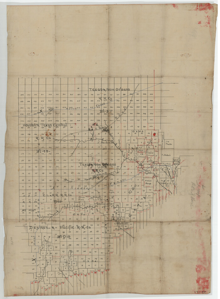 93001, [Sketch showing T. & N. O. Blocks 3T and 6T, Denison and Pacific RR. Co. Block O-18 and surrounding areas], Twichell Survey Records