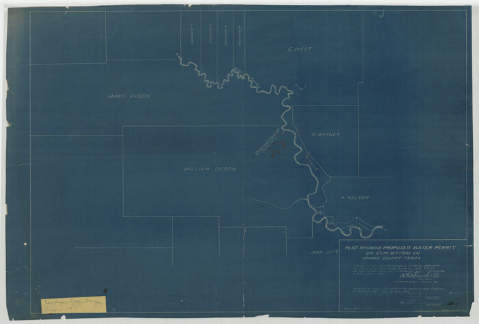 93017, Plat showing proposed Water Permit on Cow Bayou in Orange County, Texas, Twichell Survey Records