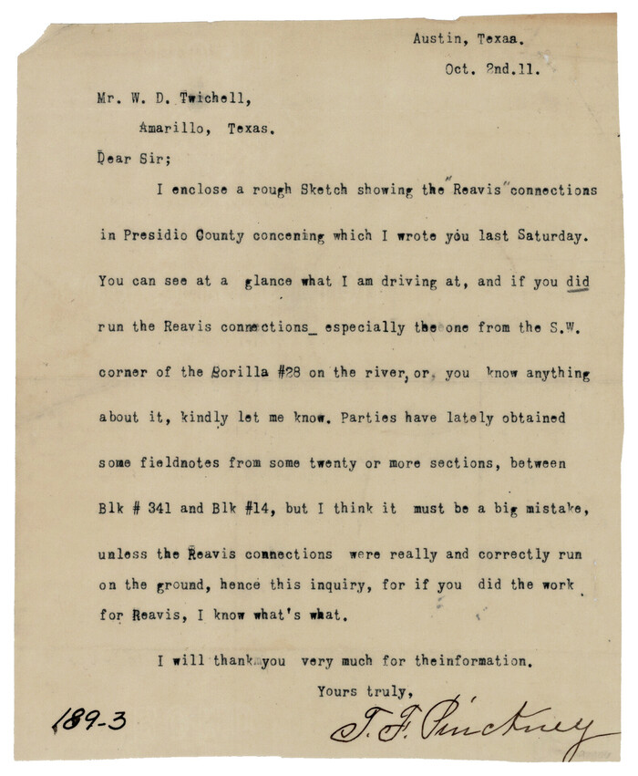 93110, [Letter from T. F. Pinckney to W. D. Twichell accompanying sketch showing Blocks 14, 341, and G5], Twichell Survey Records