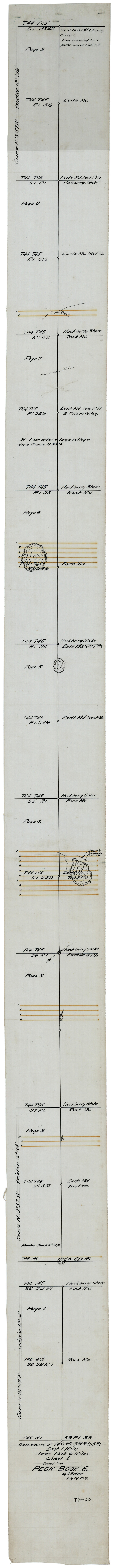 93169, Sheet 1 copied from Peck Book 6 [Strip Map showing T. & P. connecting lines], Twichell Survey Records