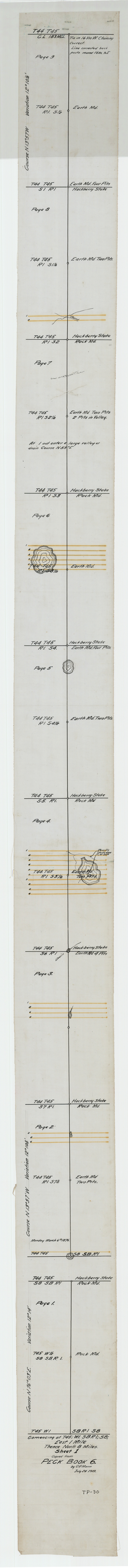 93169, Sheet 1 copied from Peck Book 6 [Strip Map showing T. & P. connecting lines], Twichell Survey Records