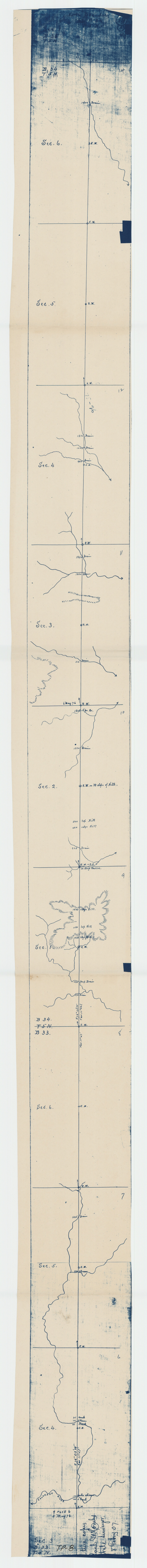 93174, [Strip map showing T. & P. Connecting line from northwest corner Sec.  3, Blk. 33 T5N to northwest corner Sec. 6, Blk. 34 T5N], Twichell Survey Records